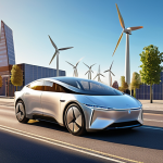 **

A sleek, futuristic electric autonomous vehicle gracefully navigating a vibrant, modern city street. Sunlight glints off its polished surface. In the background, wind turbines and solar panels symbolize sustainable energy. The overall impression is one of technological advancement and environmental consciousness.

**