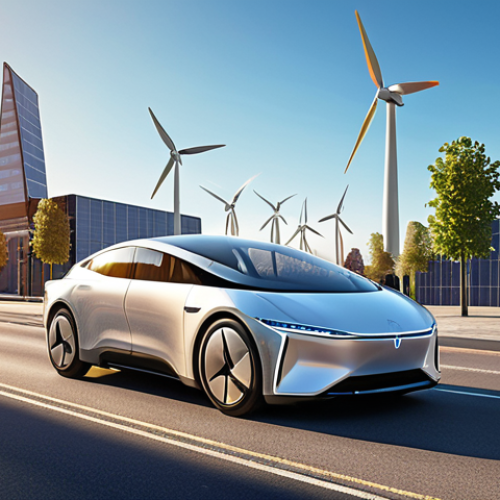 **

A sleek, futuristic electric autonomous vehicle gracefully navigating a vibrant, modern city street. Sunlight glints off its polished surface. In the background, wind turbines and solar panels symbolize sustainable energy. The overall impression is one of technological advancement and environmental consciousness.

**