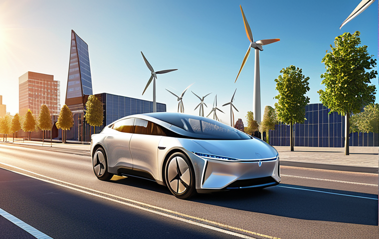 **

A sleek, futuristic electric autonomous vehicle gracefully navigating a vibrant, modern city street. Sunlight glints off its polished surface. In the background, wind turbines and solar panels symbolize sustainable energy. The overall impression is one of technological advancement and environmental consciousness.

**