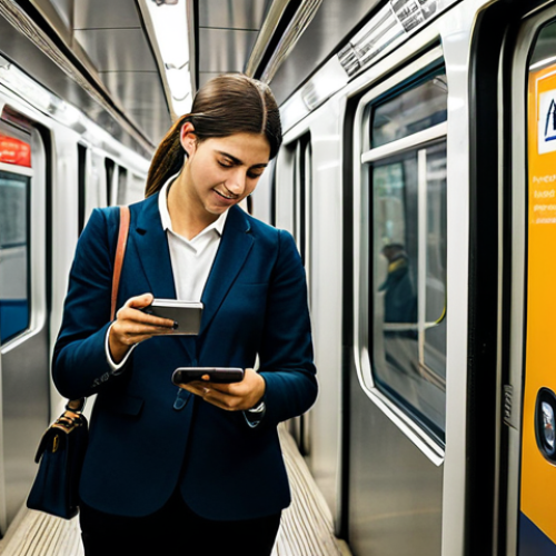 Modern Public Transportation User**

"A fully clothed professional woman in appropriate business attire, standing inside a modern, clean subway car in Lisbon, Portugal. She is holding a digital ticket on her smartphone. The subway car is bright and well-maintained. Safe for work, appropriate content, perfect anatomy, natural proportions, professional photograph, high quality, family-friendly."

**