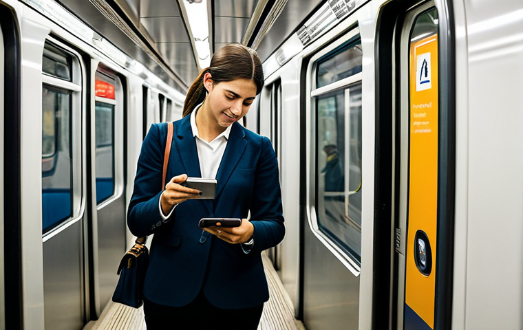 Modern Public Transportation User**

"A fully clothed professional woman in appropriate business attire, standing inside a modern, clean subway car in Lisbon, Portugal. She is holding a digital ticket on her smartphone. The subway car is bright and well-maintained. Safe for work, appropriate content, perfect anatomy, natural proportions, professional photograph, high quality, family-friendly."

**
