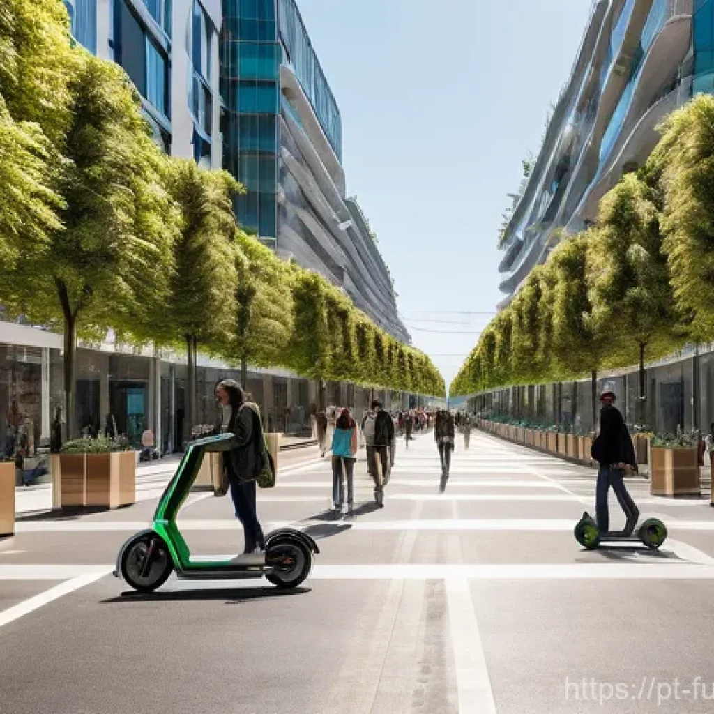 차세대 도시 교통 시스템의 비전 - **Electric and Smart City Integration in Lisbon:** A vibrant, high-angle panoramic shot of a bustlin...