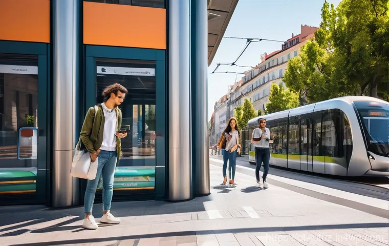 타 교통수단과의 연계 방안 - **Prompt:** A vibrant, sunlit urban square in a city resembling Lisbon or Porto, bustling with diver...