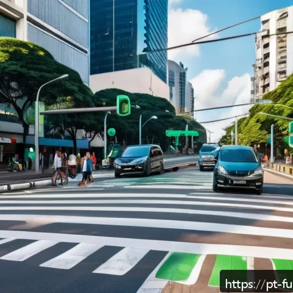 스마트 교통 신호 시스템의 발전 - A modern urban intersection in São Paulo during daytime, showcasing adaptive traffic lights with sma...