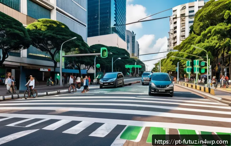 스마트 교통 신호 시스템의 발전 - A modern urban intersection in São Paulo during daytime, showcasing adaptive traffic lights with sma...