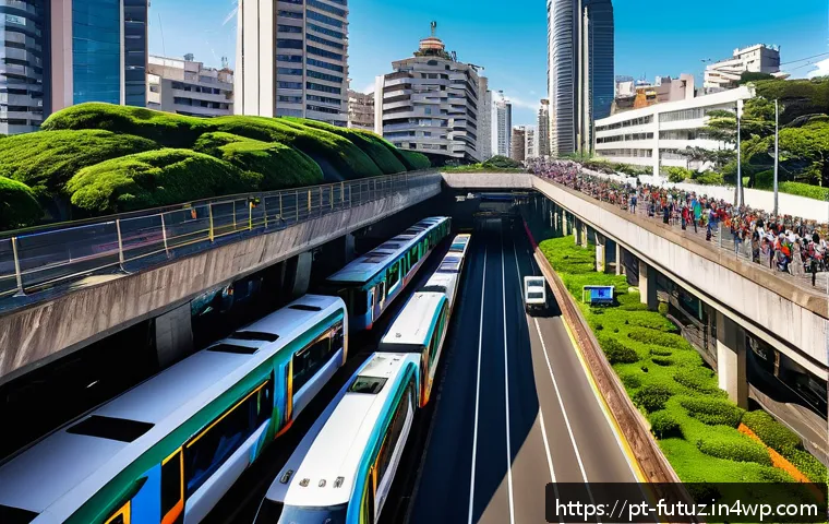 미래의 도시 교통  다층적 시스템 - A bustling urban multilayer transportation system in São Paulo, featuring integrated metro and eleva...