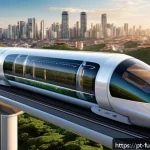 Home 23 하이퍼루프 기술의 현황과 미래 - A futuristic Hyperloop transportation system in Brazil, featuring sleek, aerodynamic passenger capsu...