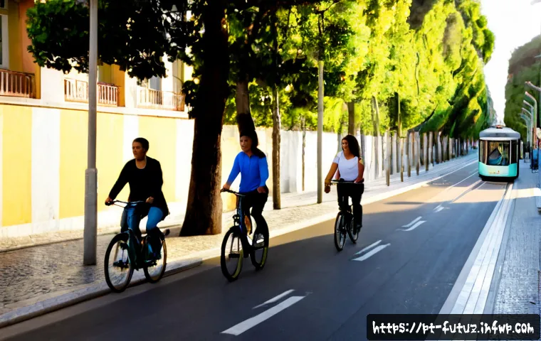 친환경 교통수단의 중요성 - Photorealistic urban mobility scene in Lisbon, Portugal: a diverse family wearing casual everyday cl...